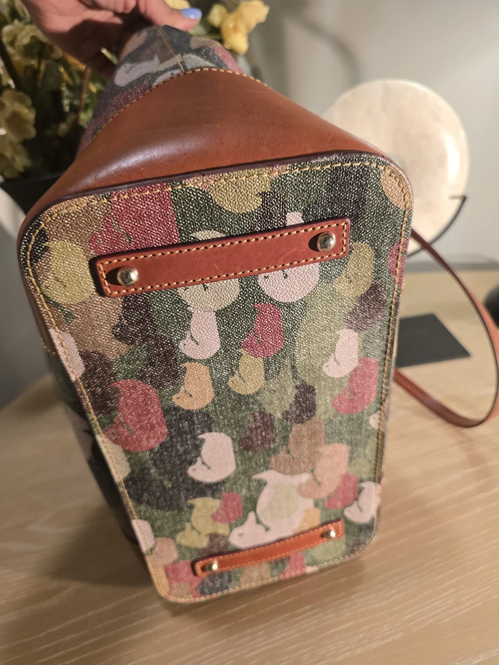 Dooney & Bourke Multicolor Duck-Print Canvas Tote with Red Leather Trim